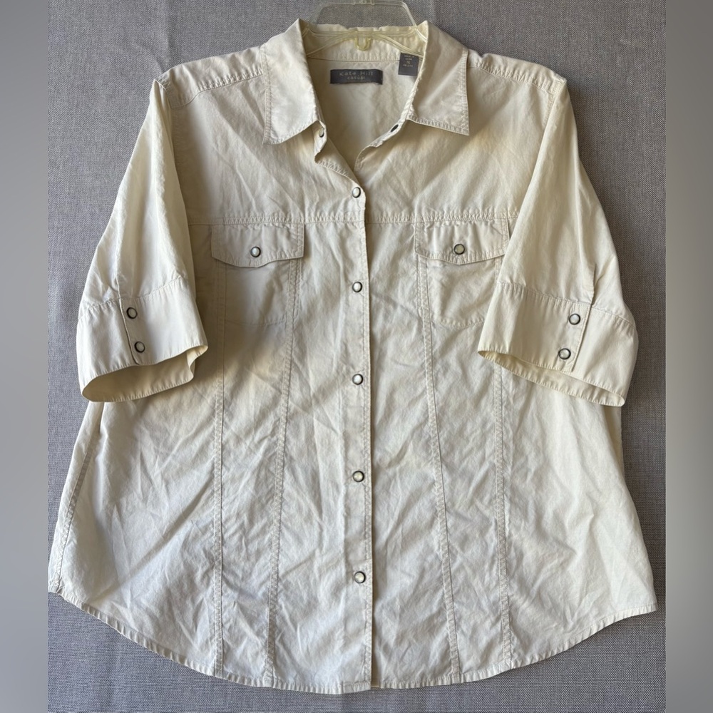 Kate hill Casual snap Button-Front Cream Utility Shirt size 16 100% cotton.